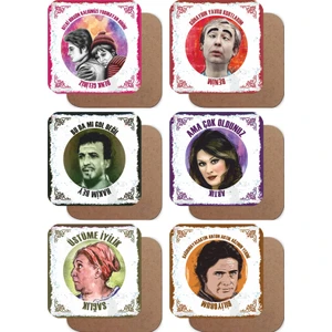 Hayat Poster Yeşilçam  Türk Sineması Replikleri -1. Set 6lı Retro Ahşap Bardak Altlığı Seti