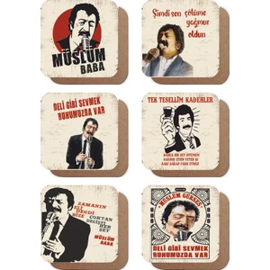Hayat Poster Arabeskin Kralı Müslüm Gürses (Müslüm Baba)  Temalı 6lı Retro Ahşap Bardak Altlığı Seti