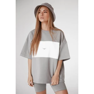 Mad Girls Boyalı Gri Nakışlı Tişört MG1421