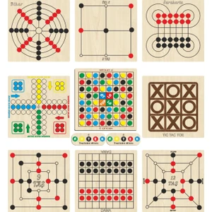 Ahşap Oyun Seti 9 Lu, Atla Topla+Kızma Birader+Dama+3 Taş+9 Taş+12 Taş+Bihar+Surakarta+Tic-Tac-Toe
