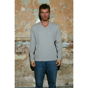 Erkek Gri Uzun Kollu V Yaka Pamuklu T-Shirt