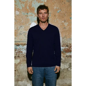 Erkek Lacivert Uzun Kollu V Yaka Pamuklu T-Shirt
