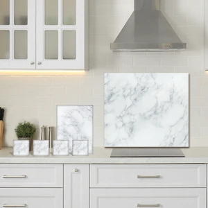 3'lü Takım Klasik Mermer Görünümlü | Cam Ocak Arkası - Cam Kesme Tahtası- Tablası - Bardak Altlığı