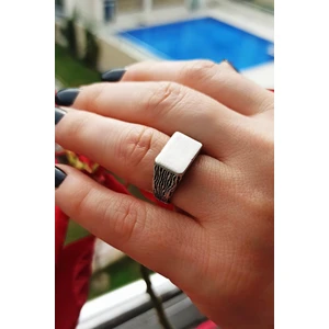 Fildişi Aksesuar Antik Gümüş Kaplama Dikdörtgen Şekilli El Yapımı Ayarlanabilir Unisex Yüzük