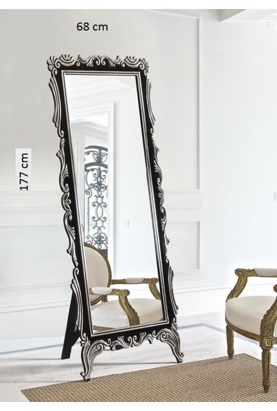 Hüma's Hümas Dekoratif Siyah Üzeri Gümüş Boyalı Oymalı Ayaklı Boy Aynası 177 x 68 cm