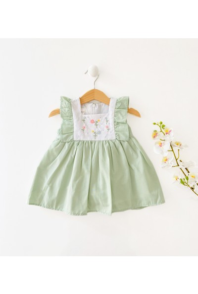 Colored Baby Kız Bebek Önü Çiçek Işlemeli Pamuk Astarlı Elbise