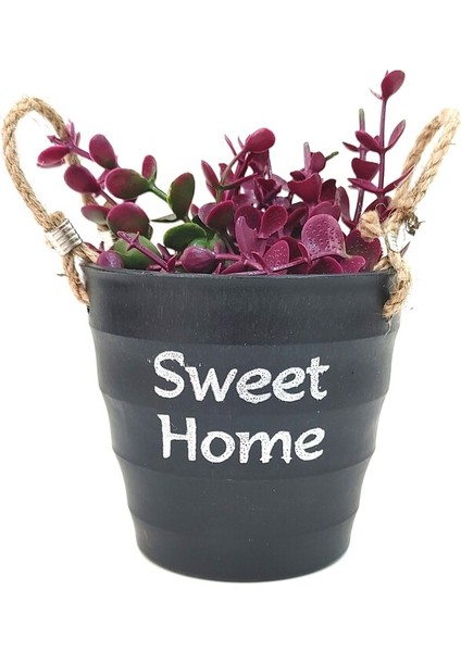 Sweet Home Yazılı Bordo Yapay Çiçekli Ipli Plastik Siyah Kova Saksı 10X12 cm