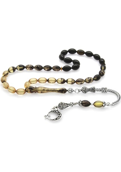 Ayyıldız Kararmaz Metal Püsküllü Arpa Kesim Süzme Beyaz-Siyah Ateş Kehribar Tesbih