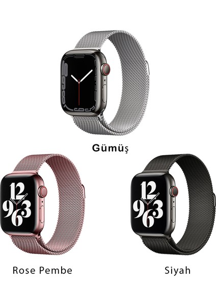 Apple Watch Seri 9/8/7/6/se/5/4/3 Milano Loop Metal Hasır Kordon 41MM 40MM 38MM Uyumlu (Siyah)