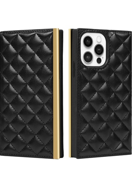 iPhone 13 Pro 6.1 Inç Uyumlu Makyaj Çantası Tasarımlı Izgara Doku Deri Telefon Kılıfı - Siyah (Yurt Dışından)