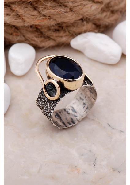 Safir Taşlı Çekiç Dövme Elişi Gümüş Yüzük 3323