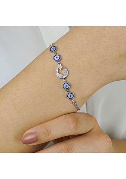 Ay Yıldız Nazar Tasarımlı 925 Ayar Gümüş Kadın Bileklik