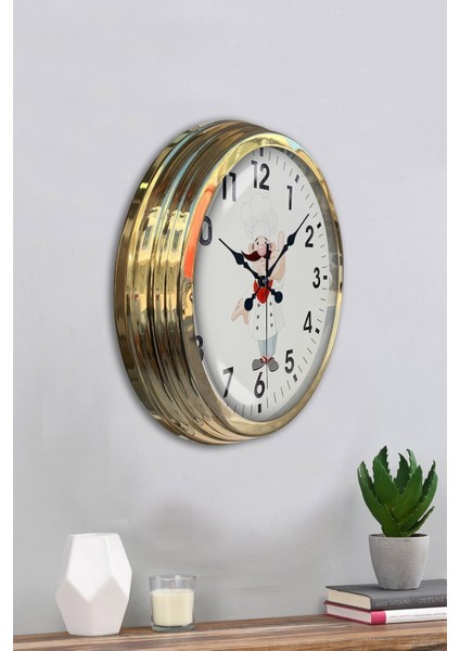 Dekoratif 40 cm Gold Metal Aşçı Mutfak Duvar Saati