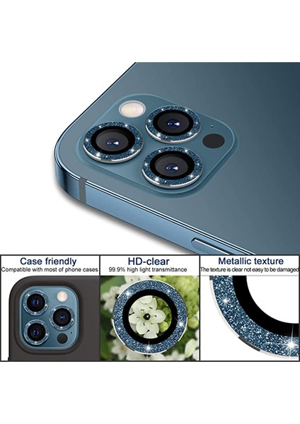 iPhone 13 Pro Max Kamera Camı Lens Koruyucu Elmas Taş Kaplama Halka Set - Mavi AL2776