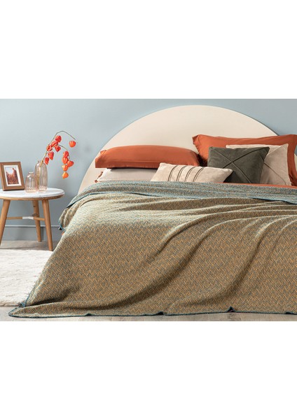 Zigzag Pamuklu Çift Kişilik Battaniye 200 x 220 cm Hardal - Petrol