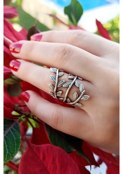 Antik Gümüş Kaplama Yapraklar Şekilli El Yapımı Ayarlanabilir Yüzük