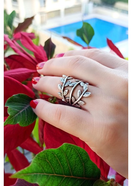 Antik Gümüş Kaplama Yapraklar Şekilli El Yapımı Ayarlanabilir Yüzük fiyatları