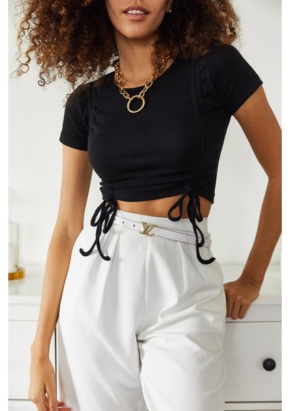 Siyah Çift Büzgülü Kısa Kol Bluz 1KZK2-11172-02