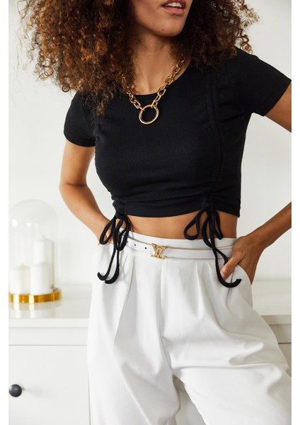 Siyah Çift Büzgülü Kısa Kol Bluz 1KZK2-11172-02 fiyatları