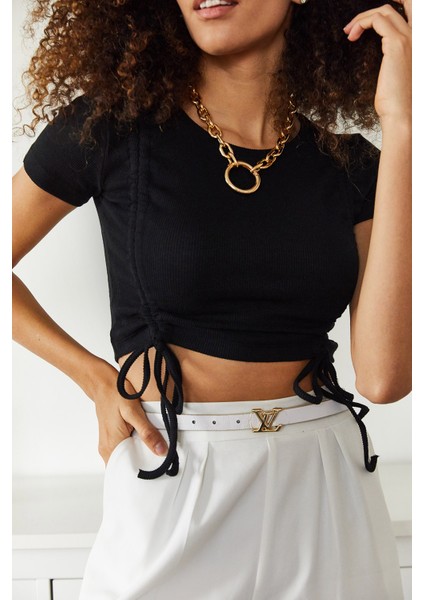 Siyah Çift Büzgülü Kısa Kol Bluz 1KZK2-11172-02 modelleri