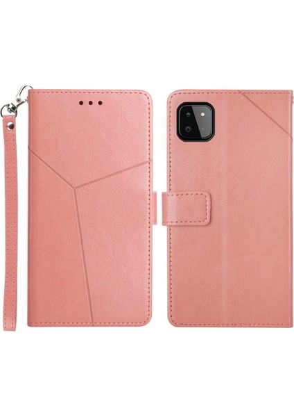 Galaxy A22 5g Için Y-Şekilli Çizgi Baskılı Cüzdan Tasarımlı Standlı Manyetik Pu Deri Telefon Kılıfı - Pembe (Yurt Dışından)