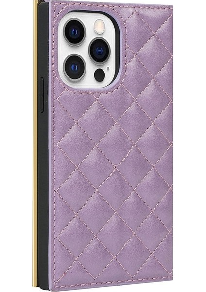 iPhone 13 Pro 6.1 Inç Uyumlu Makyaj Çantası Tasarımlı Izgara Doku Deri Telefon Kılıfı - Mor (Yurt Dışından)