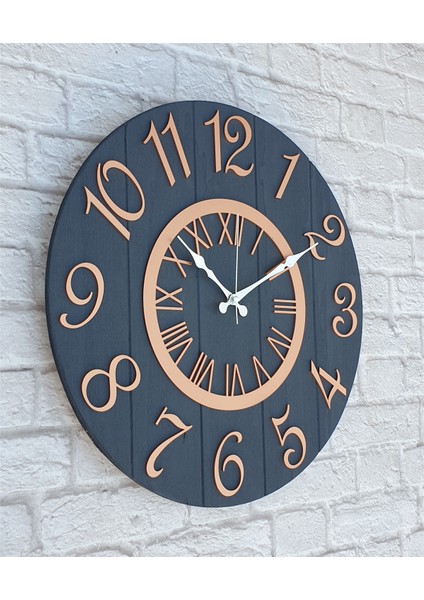 Antrasit Renk Üstüne Bakır Rakam Renkli Yuvarlak Duvar Saati Çap 50 cm modelleri