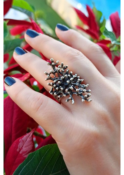 Antik Gümüş Kaplama Mercan Şekilli El Yapımı Ayarlanabilir Yüzük