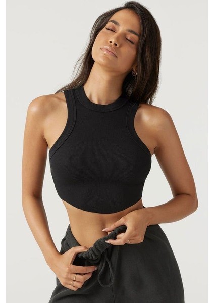 Kadın Bisiklet Yaka Fitilli Kolsuz Crop Bluz