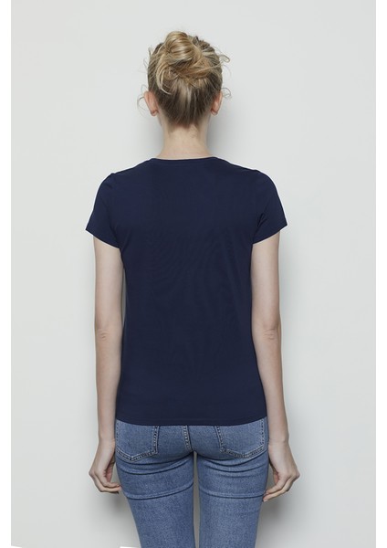 White And Simple Kadın Lacivert Basic Organik Pamuk T-Shirt modelleri