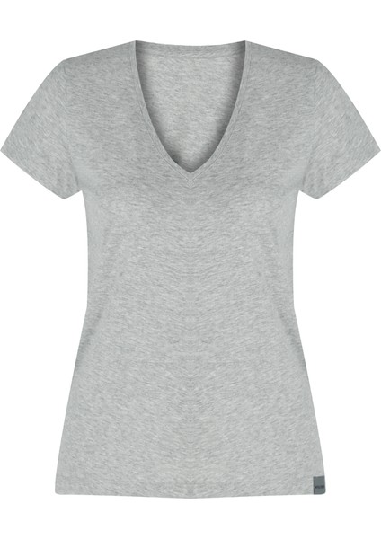 White And Simple Kadın Gri V Yaka Basic Organik Pamuk T-Shirt modelleri