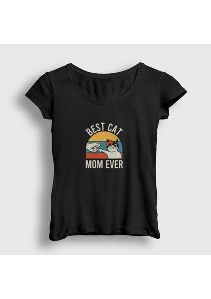 Kadın Siyah Best Cat Mom Ever Kedi T-Shirt