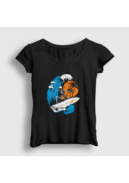 Kadın Siyah Surfer Skeleton T-Shirt