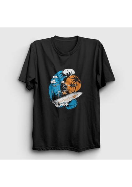 Unisex Siyah Surfer Skeleton T-Shirt
