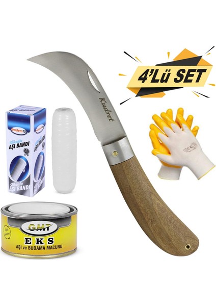 Aşı Bıçağı Eğri Uçlu Bağ Bıçağı Ara Çakı + Aşı Bandı + Aşı Macunu + Eldiven (4'lü Set)