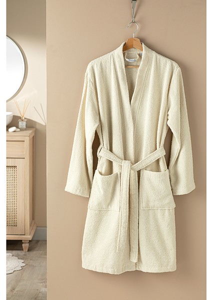 Plain Pamuklu Bornoz S - M Krem
