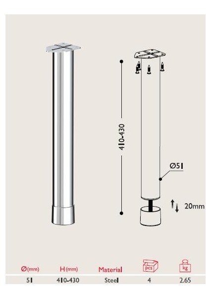 Sehpa Ayağı 13.851 - 51MM (4 Adet) Parlak Krom
