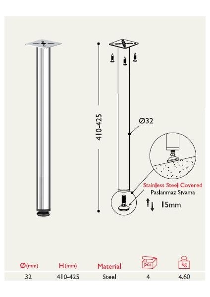 Sehpa Ayağı 13.171 - 32MM (4 Adet) Metalik Gri fiyatları