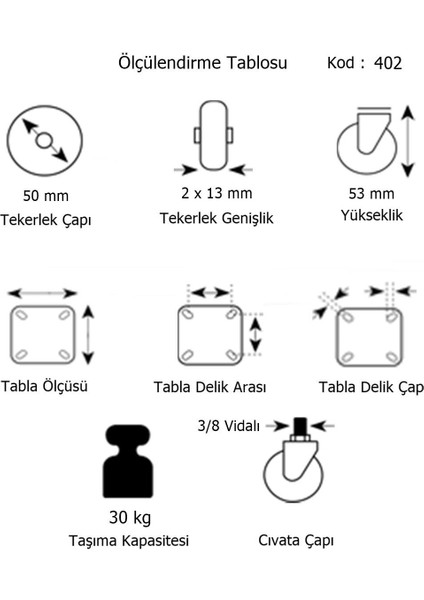 Hts Eko 3/8 Vidalı Döner Mobilya Tekeri Çap : 49 mm Kod : 402