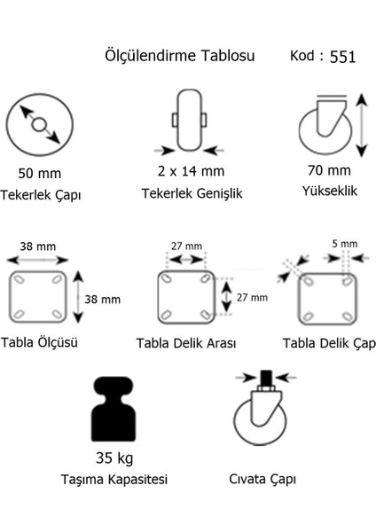 Hts Büro Tipi Tablalı Dönerli Mobilya Tekeri Gri Kod : 551