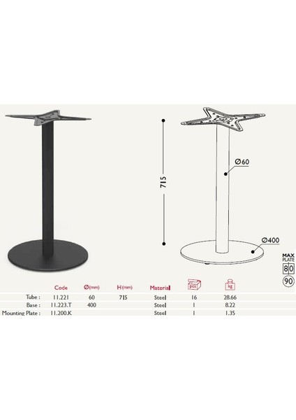 Tablalı Masa Ayağı 11.223 - Taban Çapı 40CM Parlak Krom