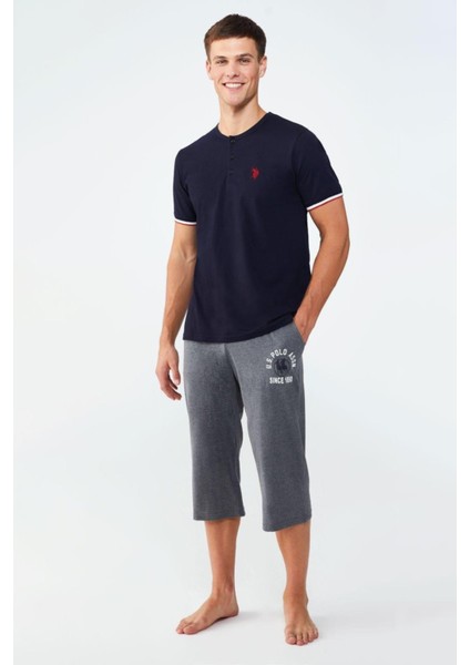 Kısakol Düğmeli T-Shirt ve Kapri Takım 18545 - Lacivert