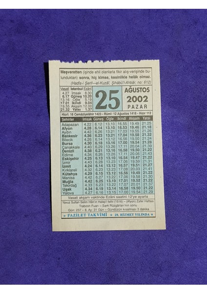 25 Ağustos 2002 Takvim Yaprağı - Nostalji Koleksiyonluk Takvim Yaprağı