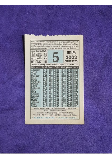 5 Ekim 2002 Takvim Yaprağı - Nostalji Koleksiyonluk Takvim Yaprağı