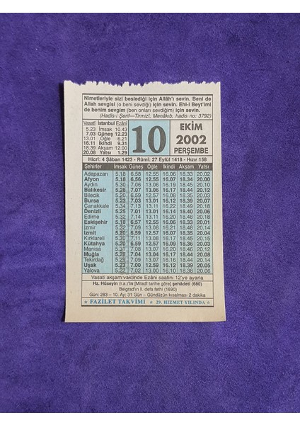 10 Ekim 2002 Takvim Yaprağı - Nostalji Koleksiyonluk Takvim Yaprağı