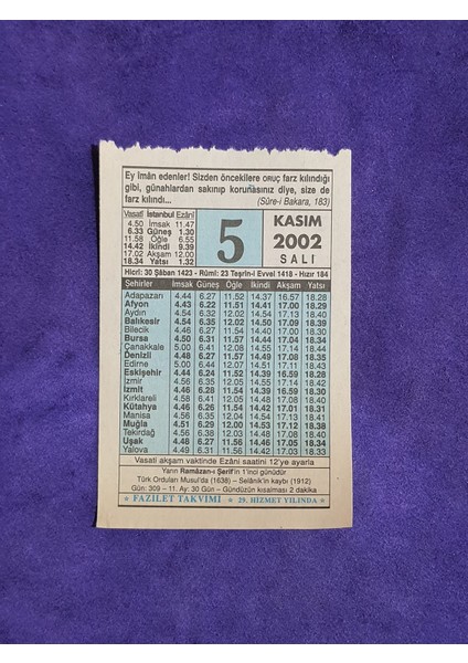 5 Kasım 2002 Takvim Yaprağı - Nostalji Koleksiyonluk Takvim Yaprağı