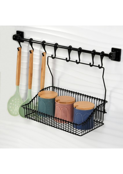 Güçlü Yapıştırma 8 Li Askı Rayı (55 Cm) + 20X30 Ferforje Sepet