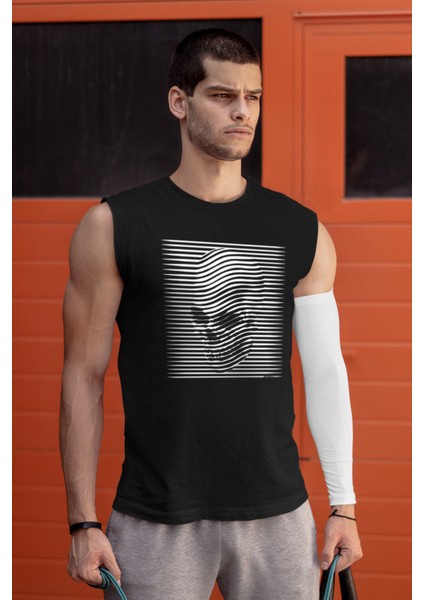 Şerit Kafa Siyah Kesik Kol | Kolsuz Erkek T-Shirt | Atlet