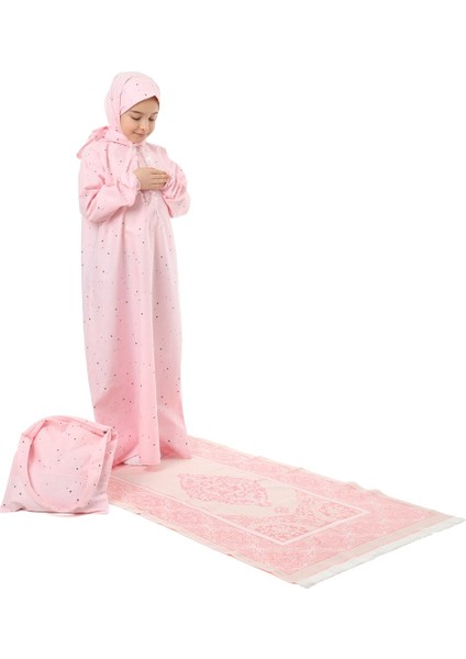 Kız Çocuk Namaz Elbisesi Çantalı ve Seccadeli Pembe Renkli Yıldız Desenli 919P