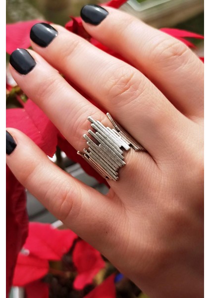 Ntik Gümüş Kaplama Ince Çizgiler Şekilli El Yapımı Ayarlanabilir Unisex Yüzük